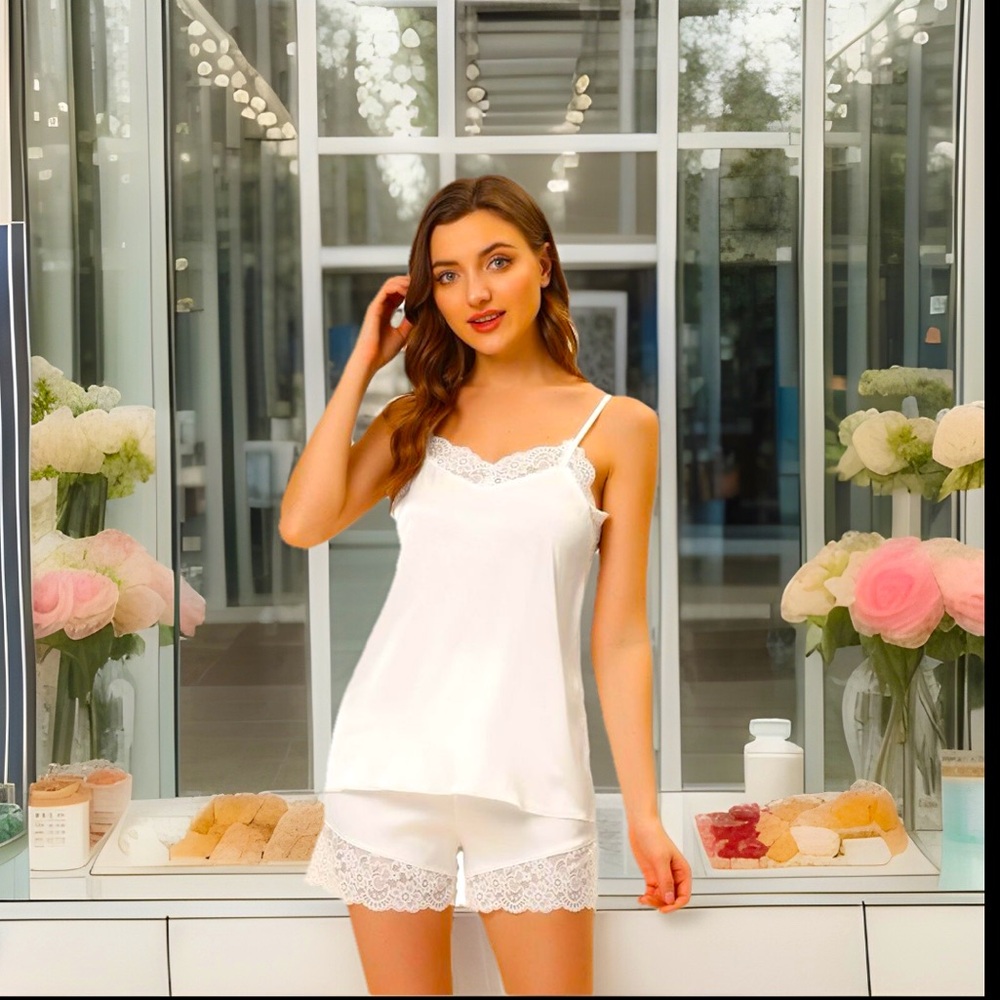 Satin White Soft Cami Top & Shorts W/Lace Trim Loungewear/Pajama Set 2pc SzL NWT